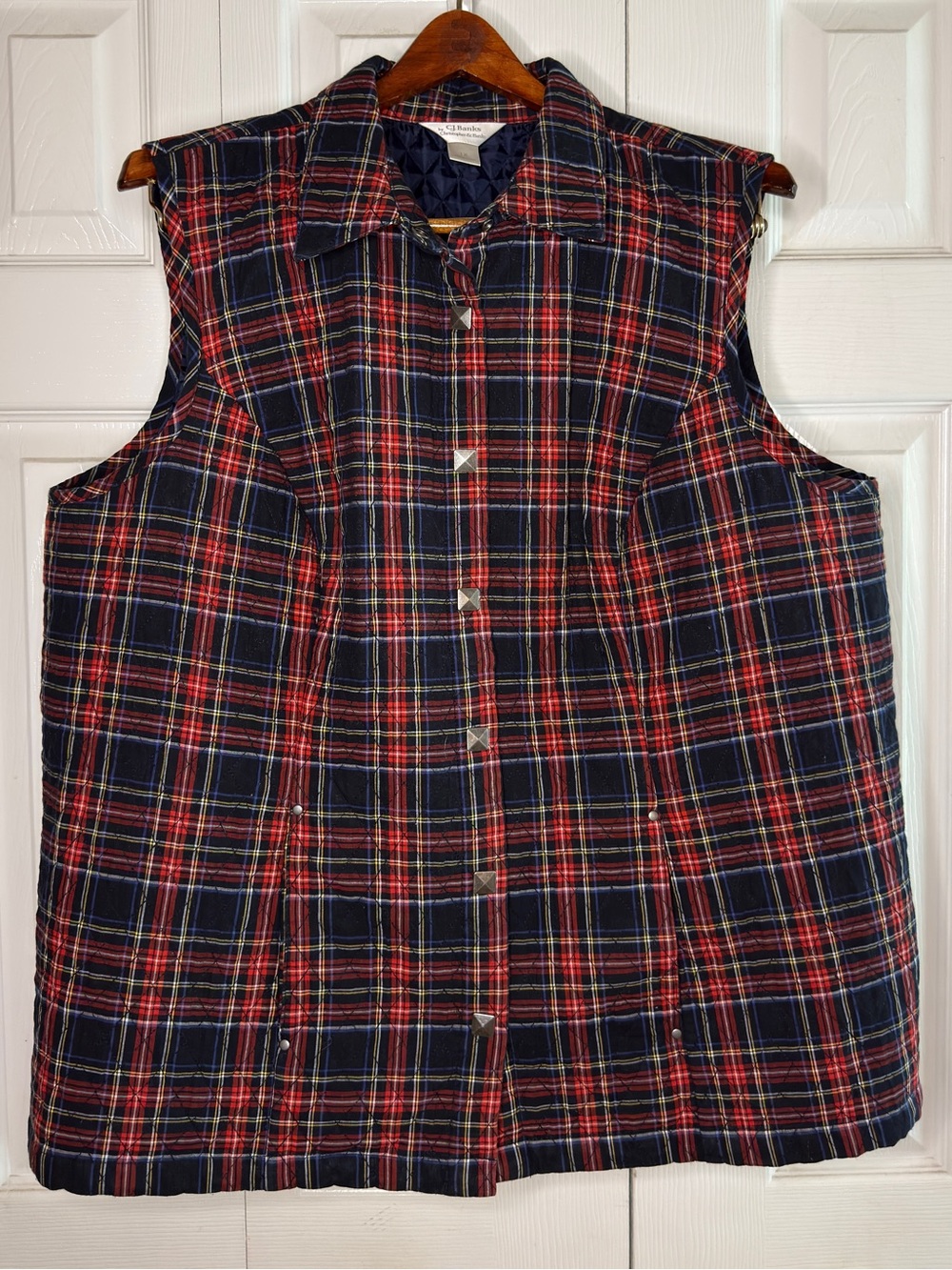 CJ Banks 1X Plaid Quilted Vest Tartan Snap Front Preppy Fall